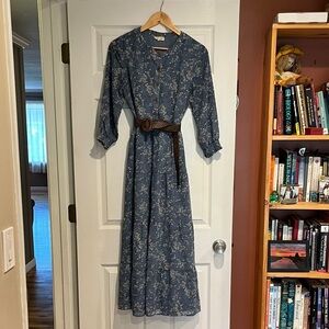 Roolee Blue Floral Dress with Brown Belt
